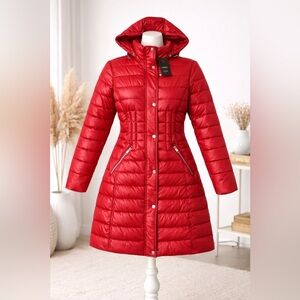 Guess Red Long Puffer Coat With Hood NWT Winter Jacket Size Large